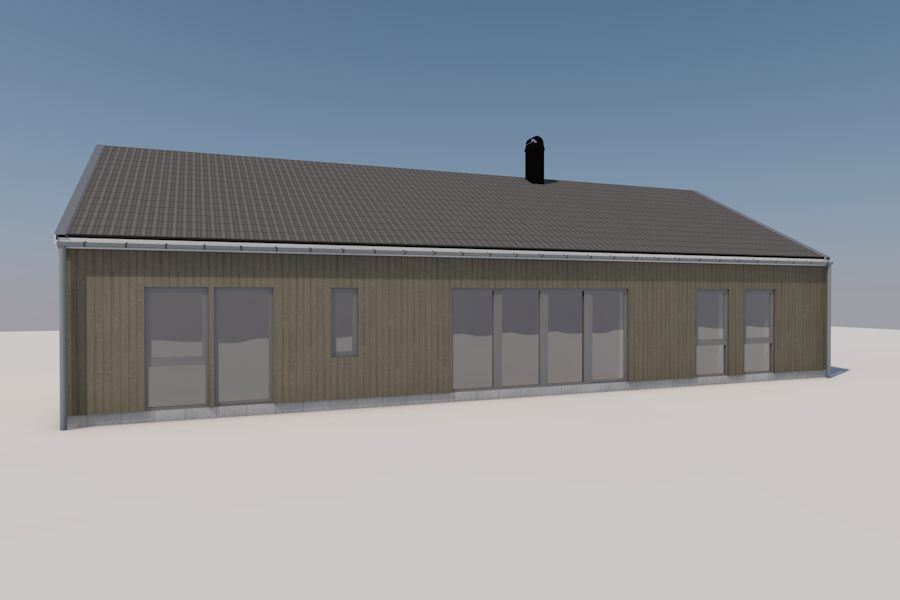 Visualisering av ett enplanshus i modern stil med indragen takfot